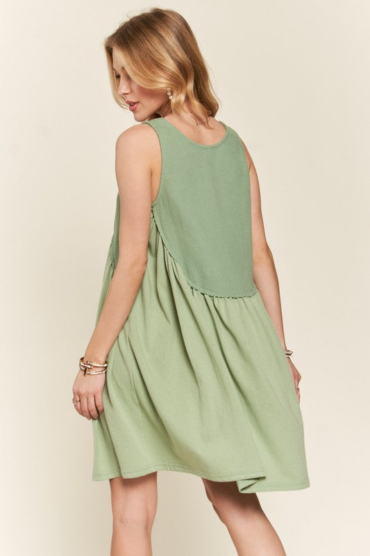 ADORA Decorative Button Sleeveless Babydoll Dress In Sage