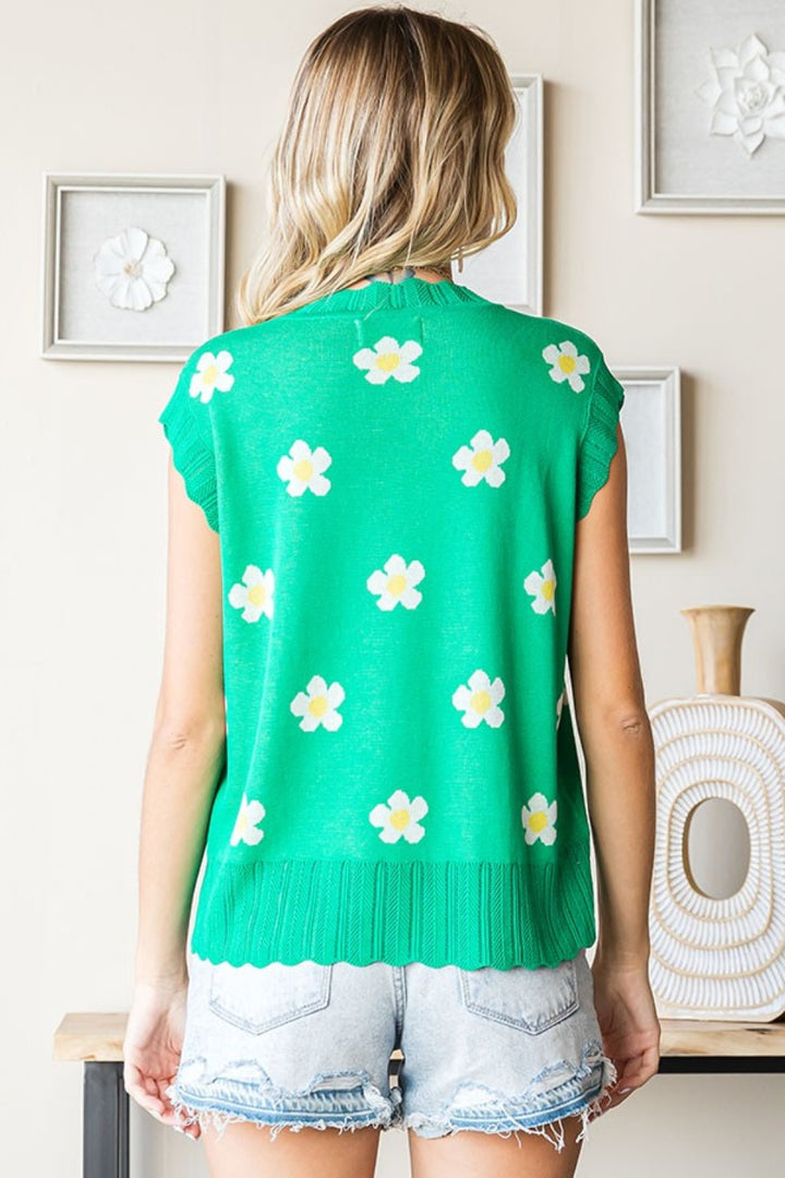 Annabelle Charming Flower Pattern Sweater Vest In Green