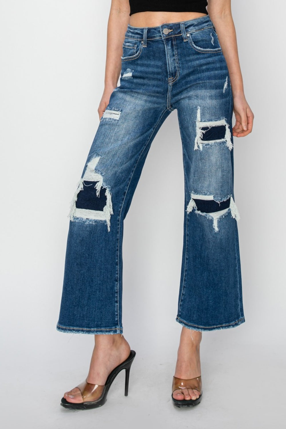 Risen Prime High Rise Patch Detailed Wide Leg Crop Jeans