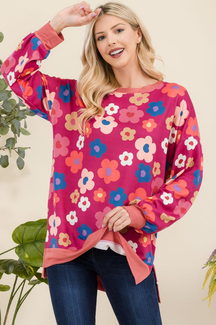 Celeste Side Slit Flower Print Top In Fuchsia