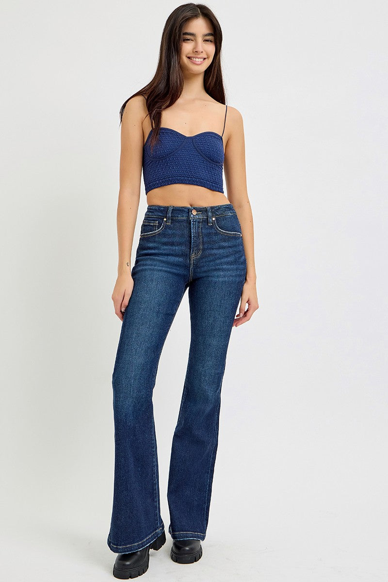 RISEN High Rise Flare Jeans with Pockets In Dark Wash