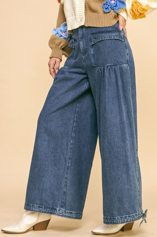 Davi & Dani Drawstring Hem Wide Leg Mid Rise Jeans In Medium