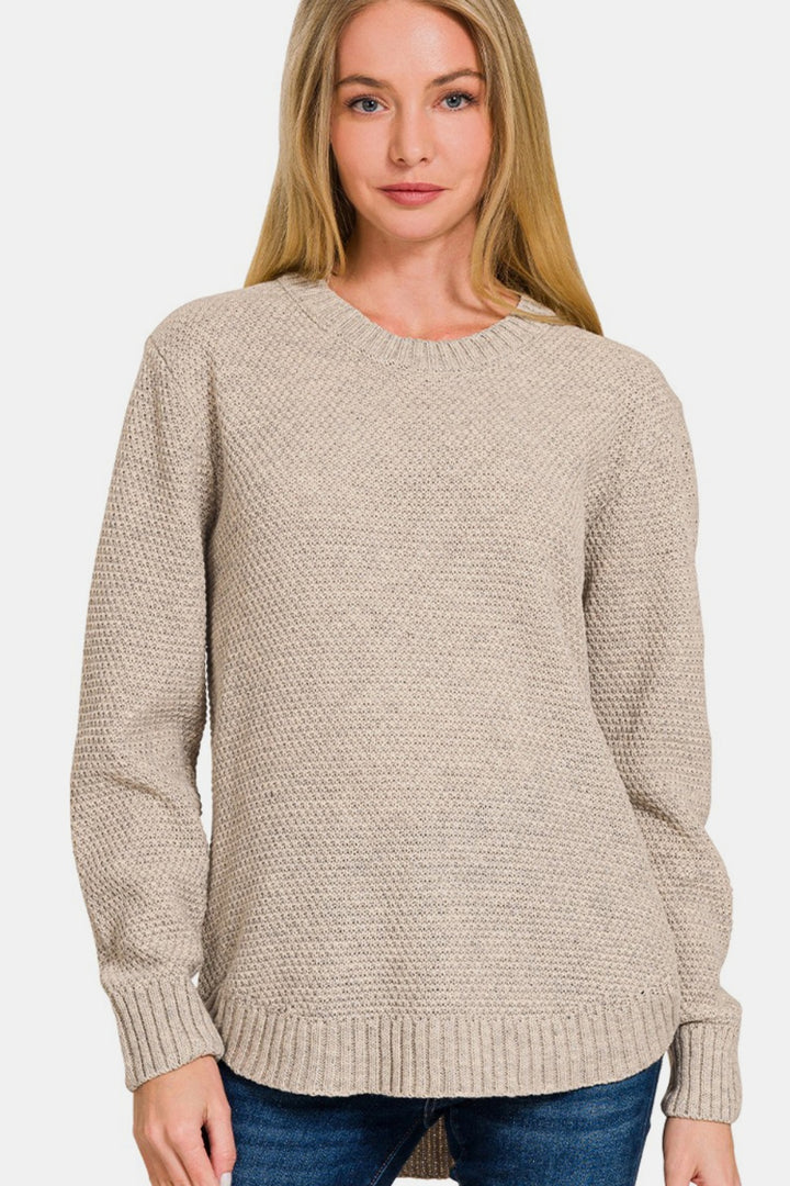 Zenana Curved Hem Sweater In H Beige