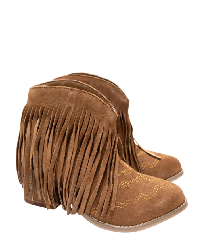 Amos Fringe Ankle Bootie in Tan Suede