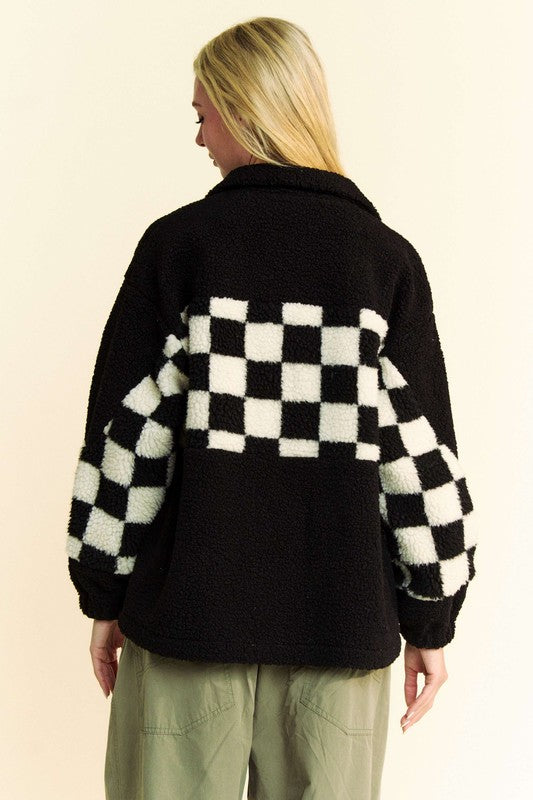 Davi & Dani Checkered Faux Fur Jacket In Black