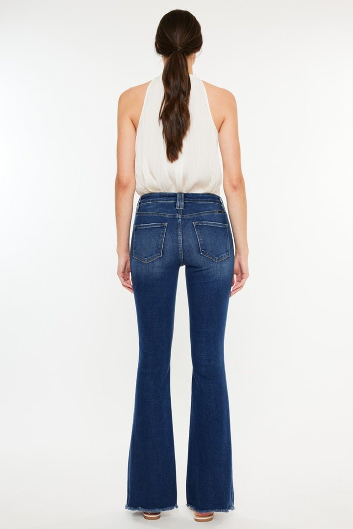 Kancan Cat's Whiskers Raw Hem Flare Jeans In Dark Wash