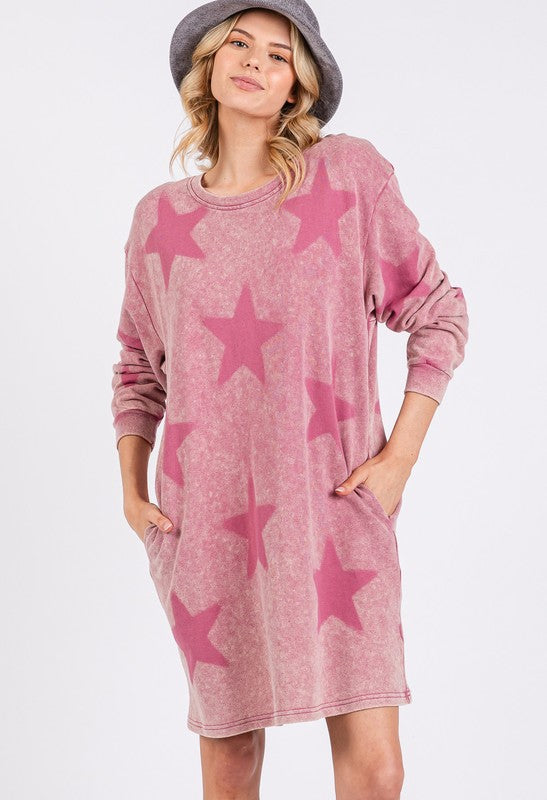 SAGE + FIG Washed Star Print Dress In Mulberry