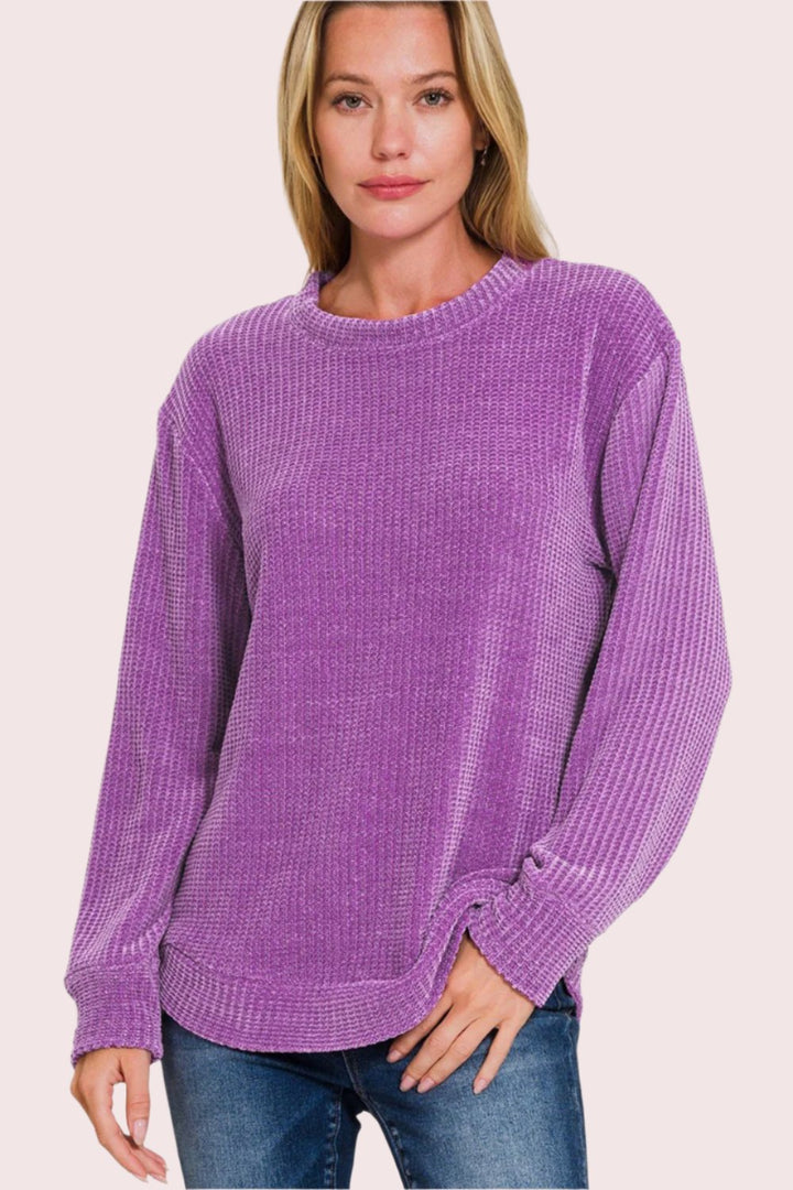 Zenana Chenille Waffle Round Neck Sweater In Violet