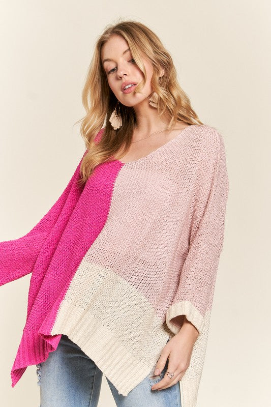 ADORA Side Slit Color Block Sweater In Hot Pink