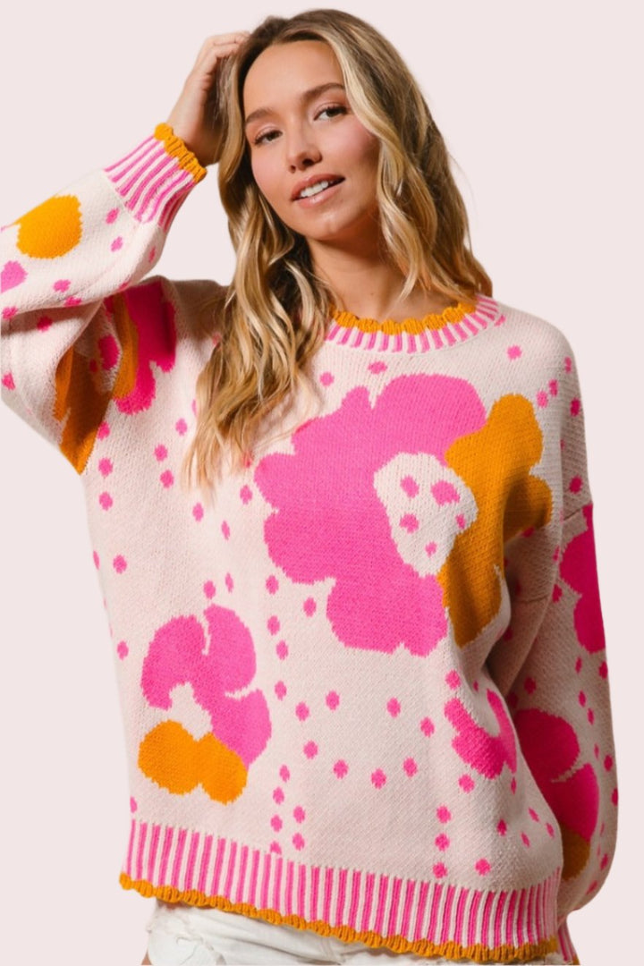 BiBi Flower Pattern Contrast Sweater In Pink