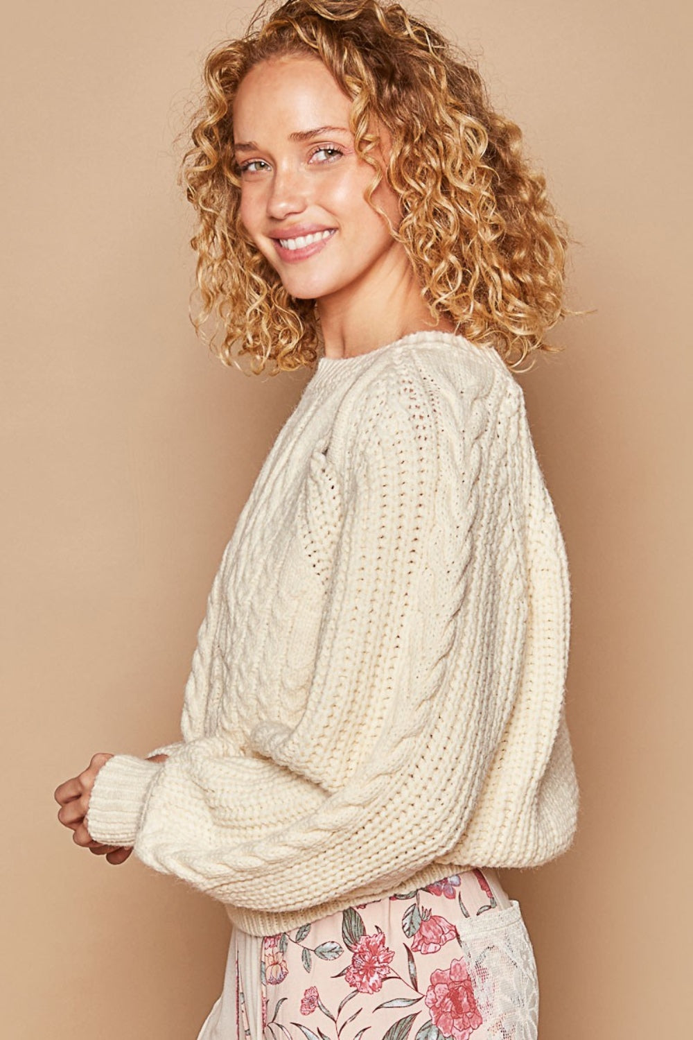 POL Cable Knit Cutout Long Sleeve Sweater In Cream