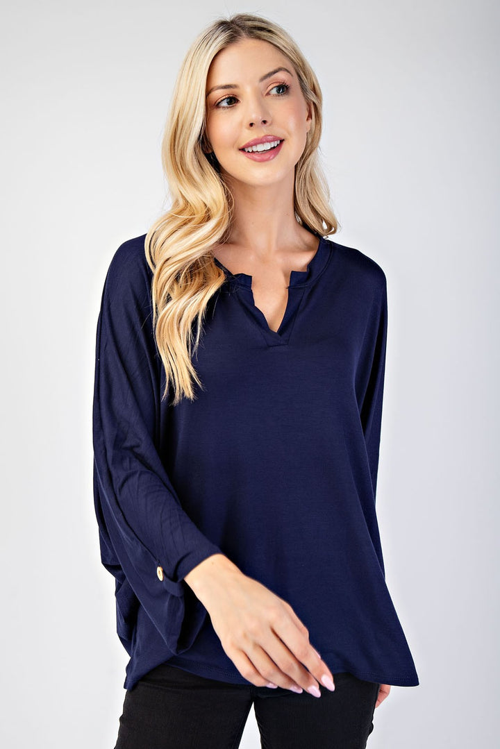 Celeste Notched Three-Quarter Sleeve Blouse In Navy