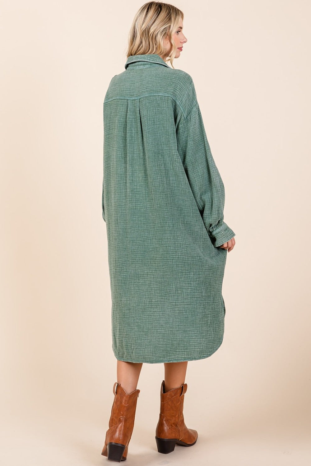 Mittoshop Mineral Wash Cotton Gauze Midi Shirt Dress In Pine