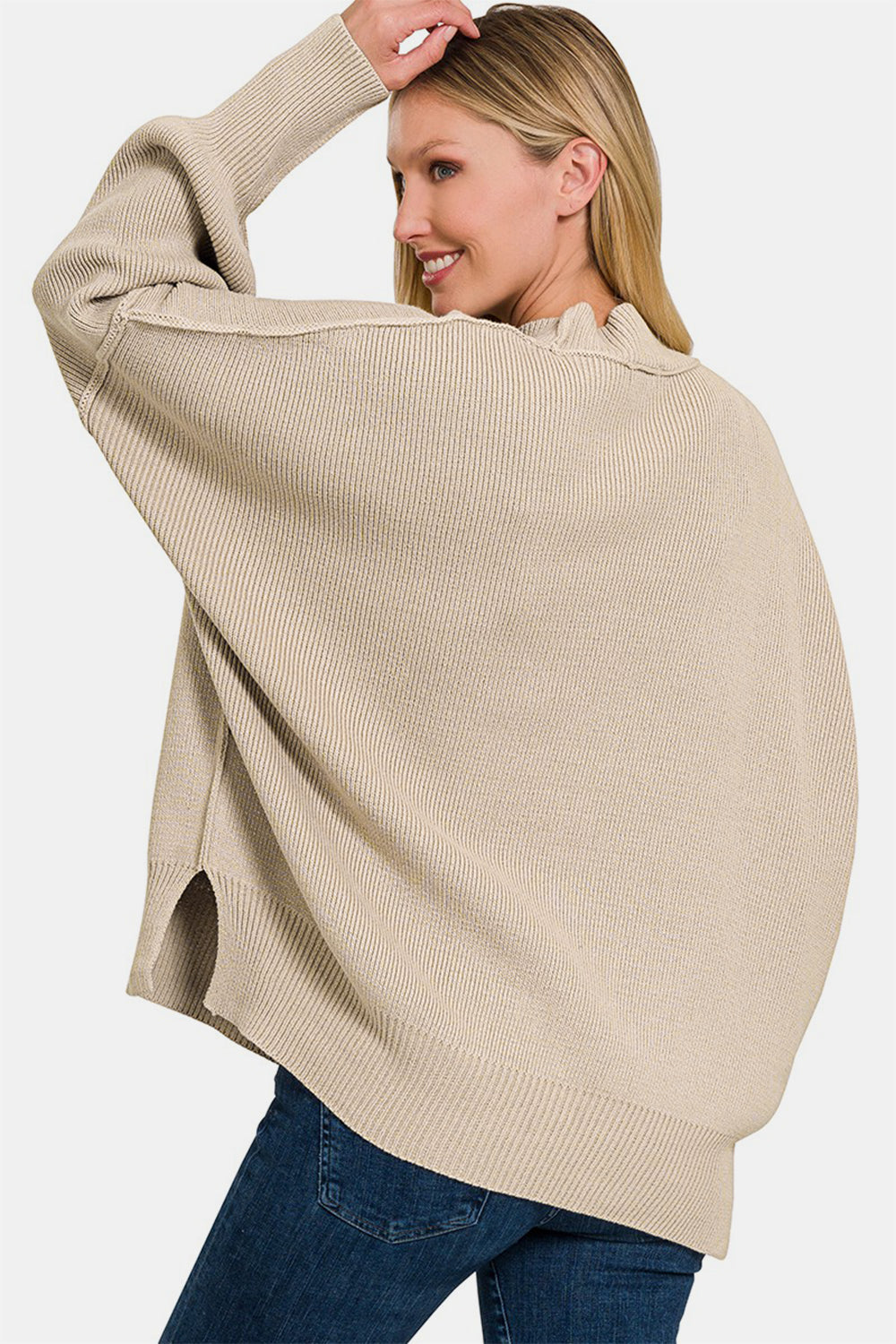 Zenana Side Sit Oversize Sweater In H Beige