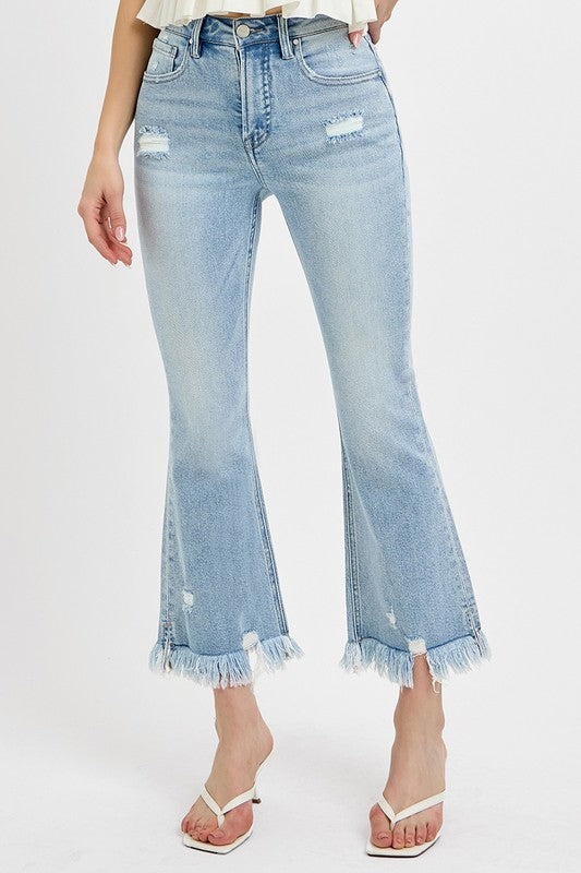 RISEN Raw Hem Distressed Cropped Flare Jeans In Light Wash