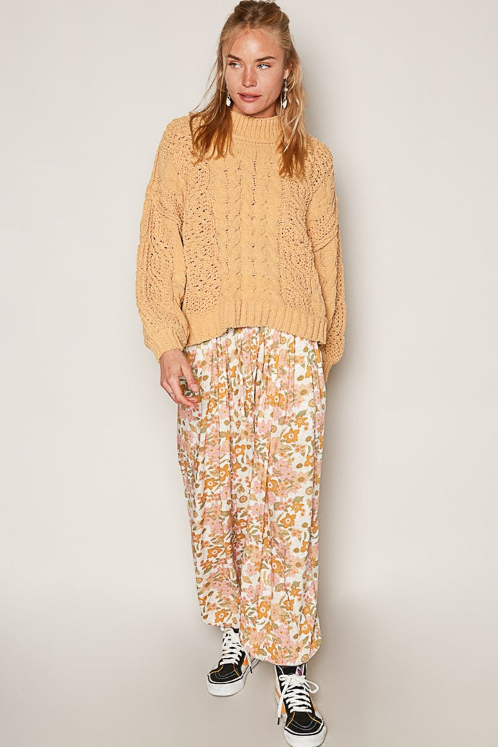 POL Mock Neck Cable Knit Sweater In Honey Gold