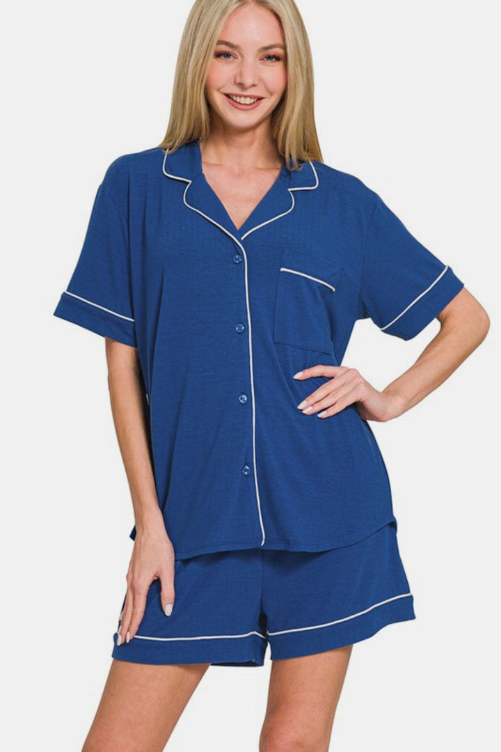 Zenana Button Down Top and Shorts Lounge Set In Navy