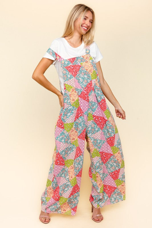 Haptics Printed Wide Leg Overalls In Coral