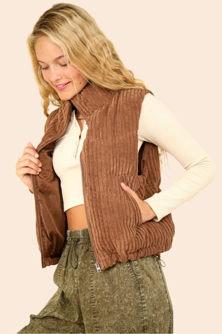 VERY J Zip Up Padded Corduroy Puffer Vest In Chocolate