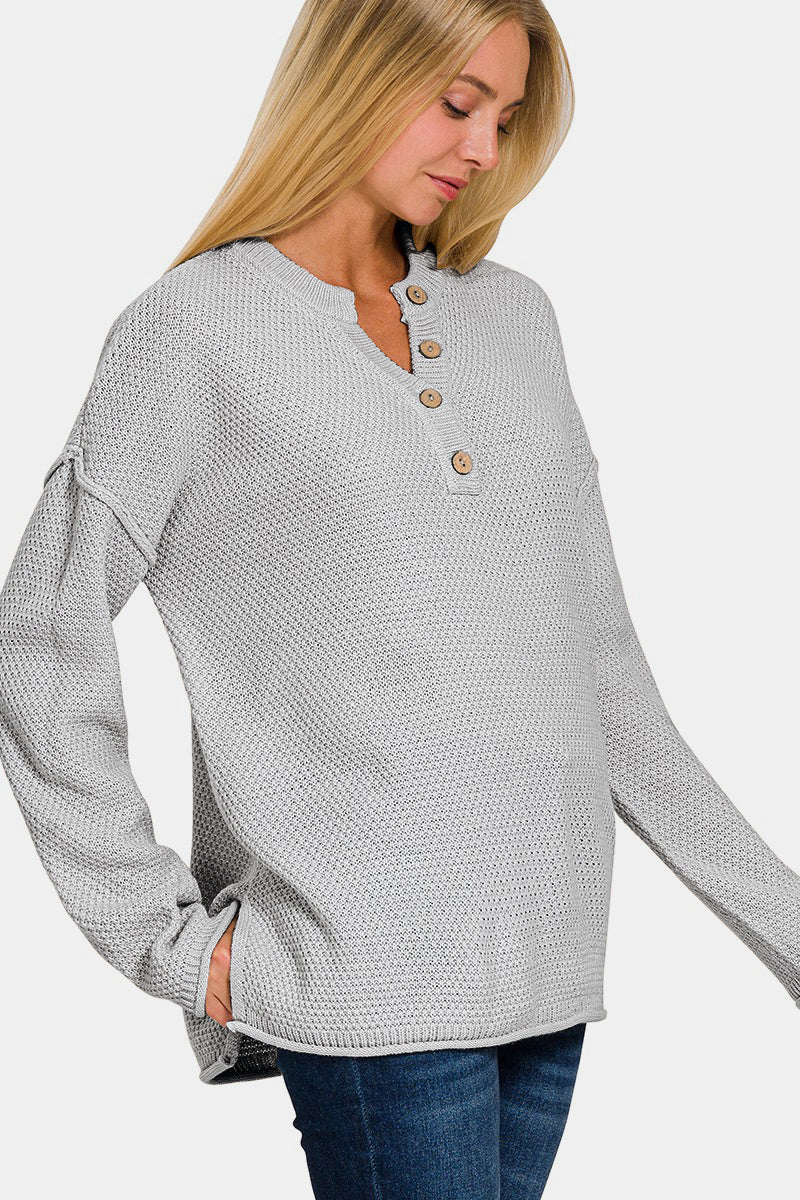 Zenana Button Closure Sweater In Grey