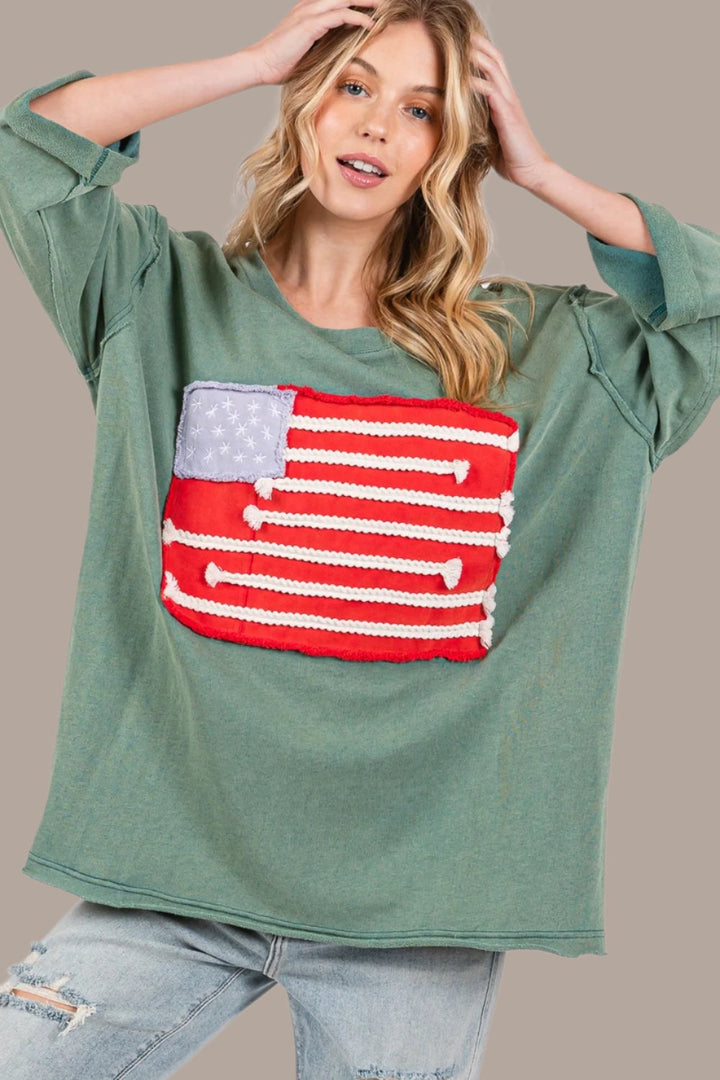 SAGE + FIG American Flag Patch Drop Shoulder Top In Teal