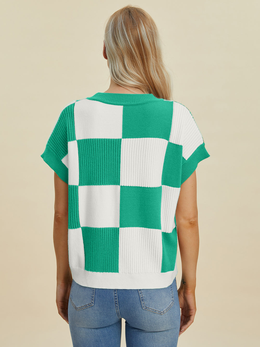 Double Take Checkered Short Sleeve Sweater