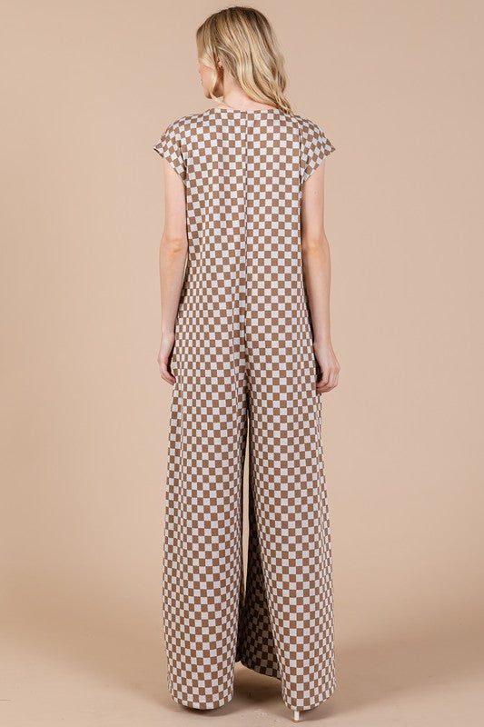 Ces Femme Checkered Half Button Jumpsuit In Taupe