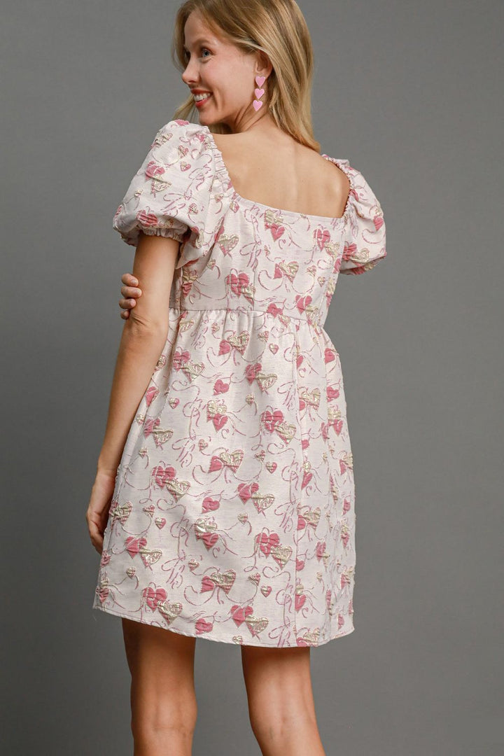 Umgee Heart Jacquard Puff Sleeve Mini Dress In Pink