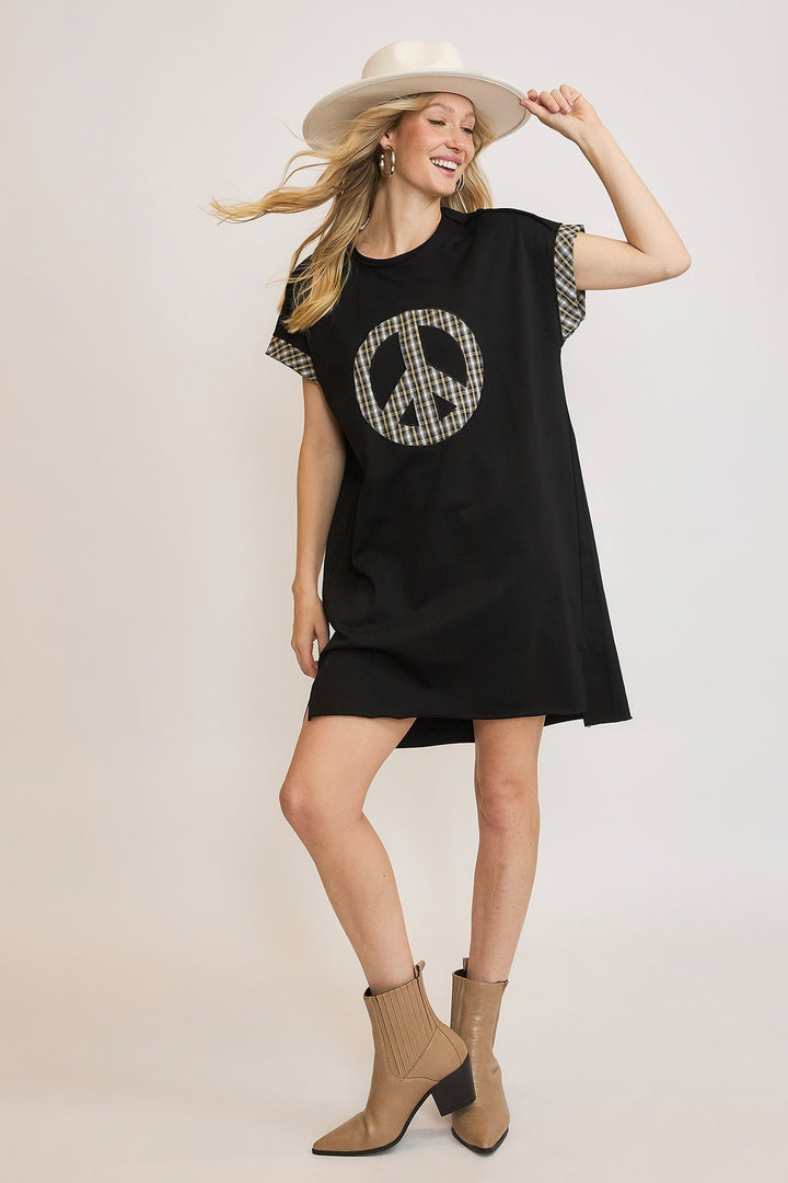 Umgee Peace Plaid Applique Mini Dress In Black