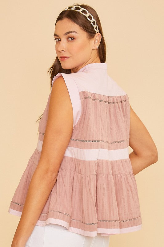 Annie Wear Contrast Trim Peplum Blouse In Dusty Pink