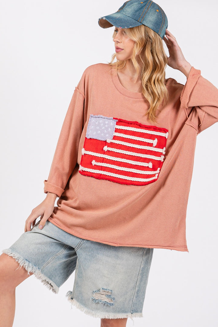 SAGE + FIG American Flag Patch Drop Shoulder Top In Indian Pink