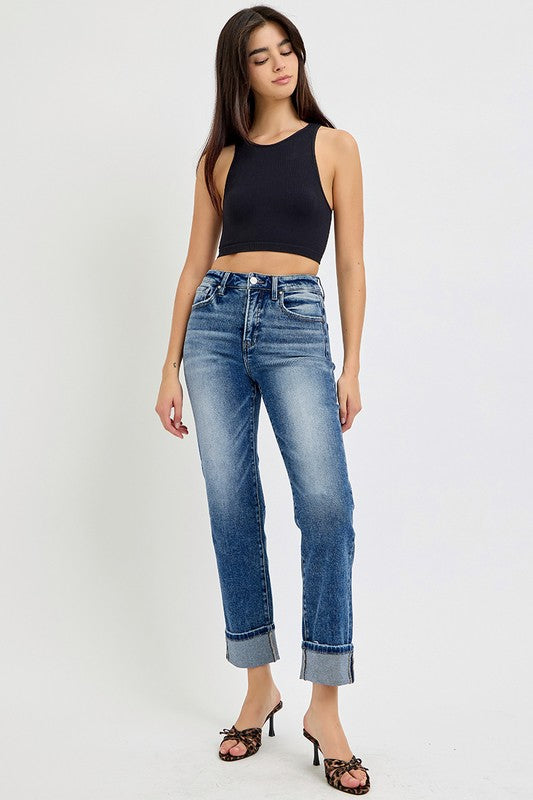 RISEN High Rise Crop Straight Roll Up Jeans In Dark Wash