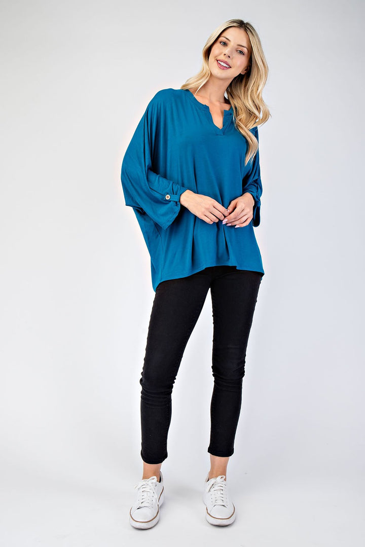 Celeste Notched Three-Quarter Sleeve Blouse In Teal