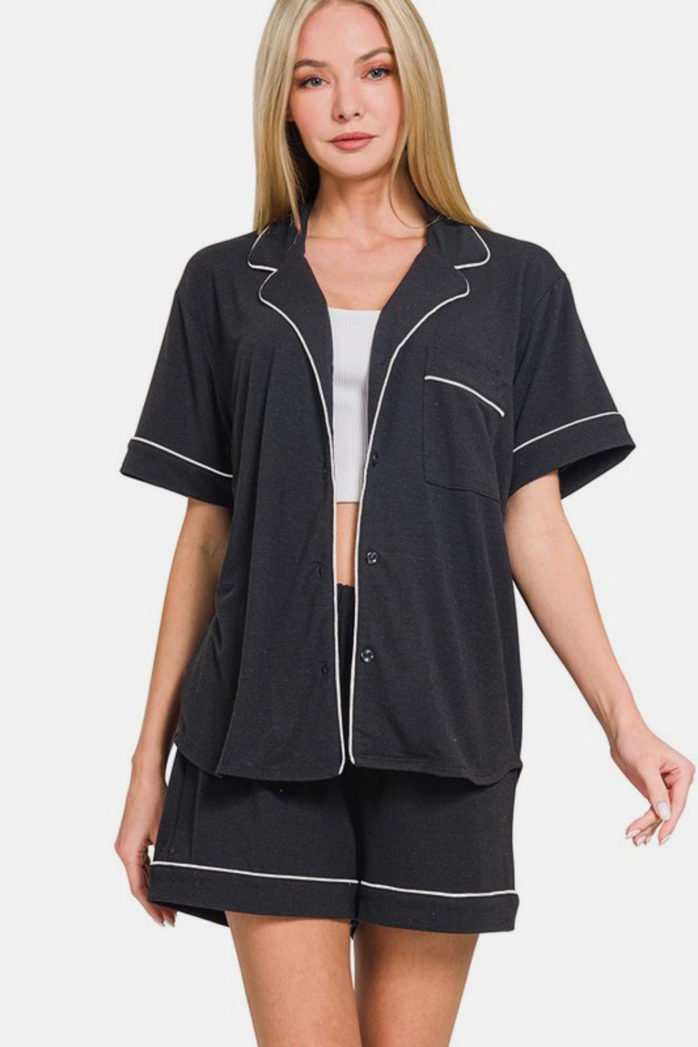 Zenana Button Down Top and Shorts Lounge Set In Black