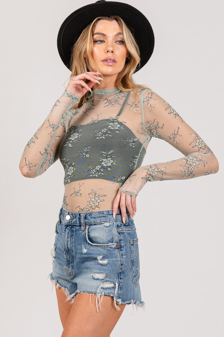 SAGE + FIG Mesh Long Sleeve Sheer Floral Embroidery Top In Sage