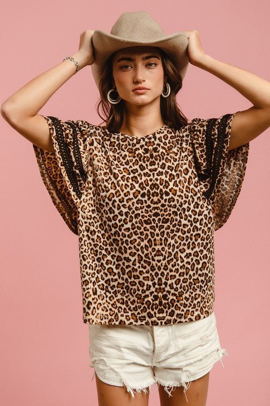 BiBi Leopard Crochet Trim Top In Leopard