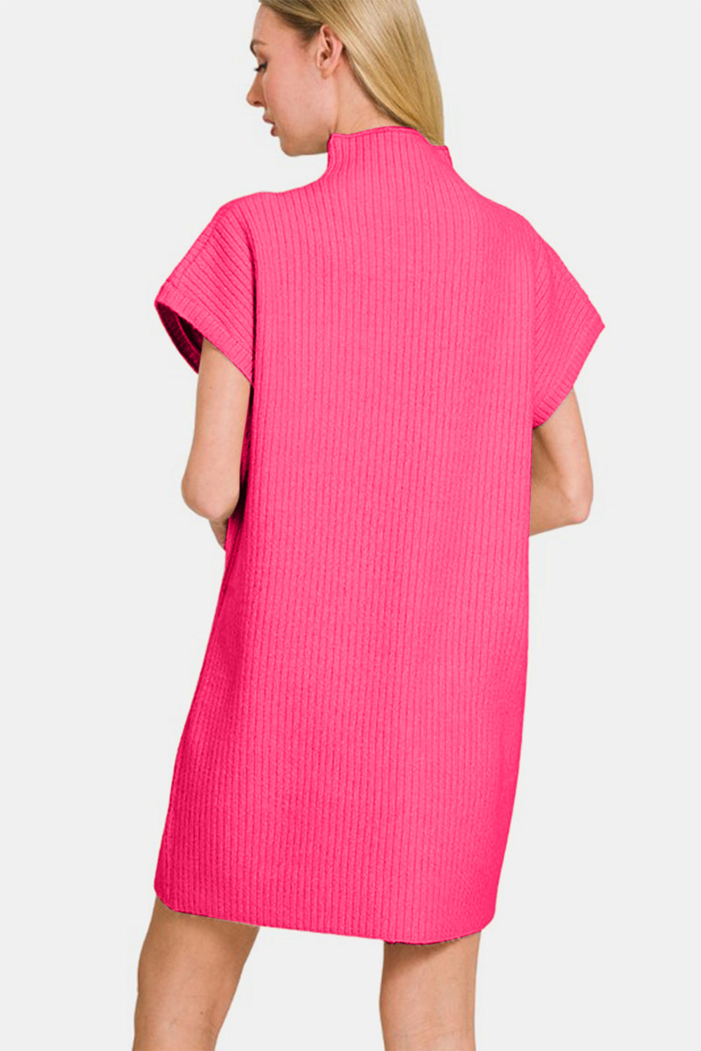 Zenana Short Sleeve Sweater Mini Dress In Hot Pink