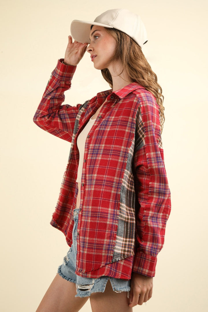 VERY J Contrast Plaid Raw Detail Shirt In Red