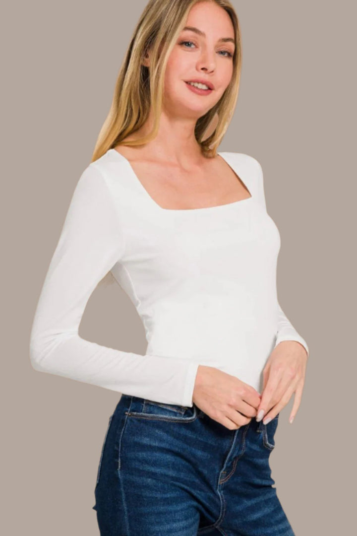 Zenana Square Neck Fitted Long Sleeve Top In White