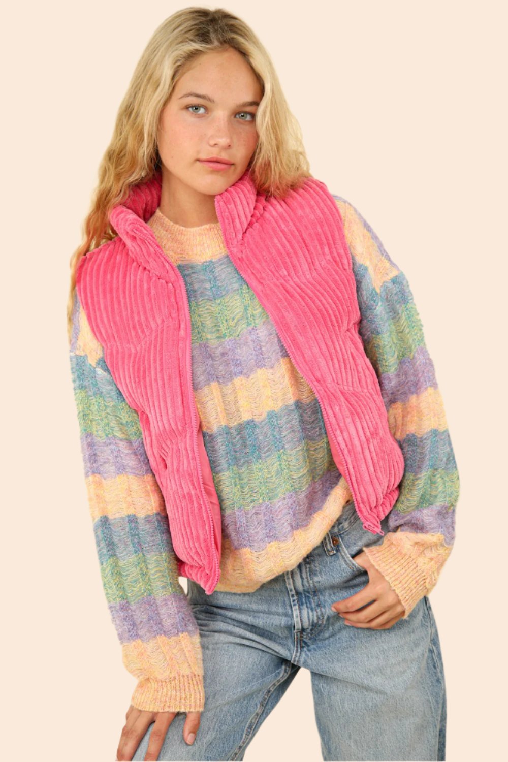 VERY J Zip Up Padded Corduroy Puffer Vest In PInk