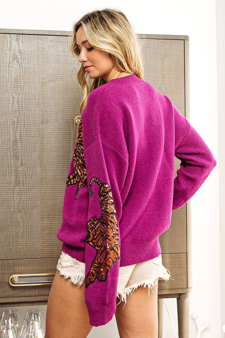 BiBi Sequin Tiger Embroidery Sweater In Plum