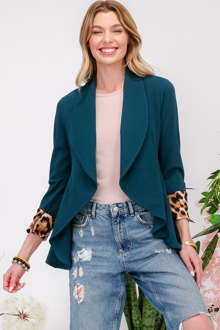 Leopard Cuff Open Front Blazer In Green