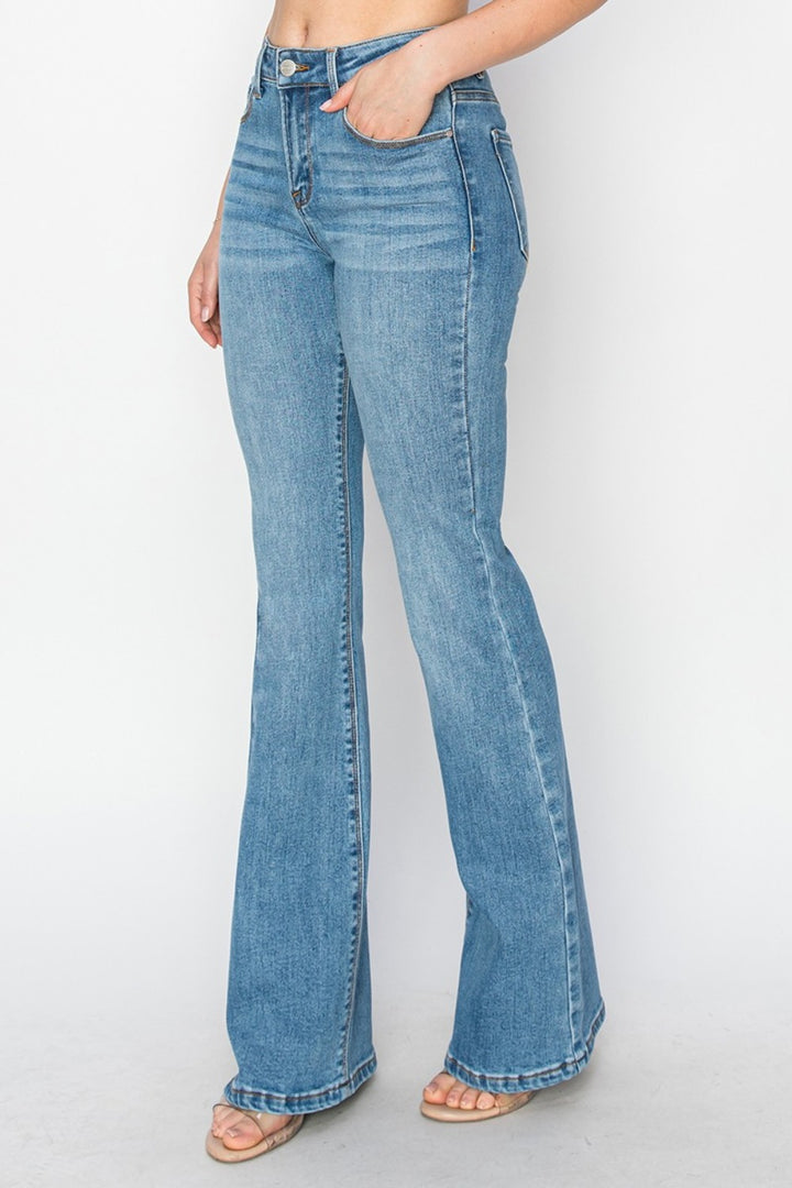 RISEN Mid Rise Flare Jeans with Pockets In Medium Wash