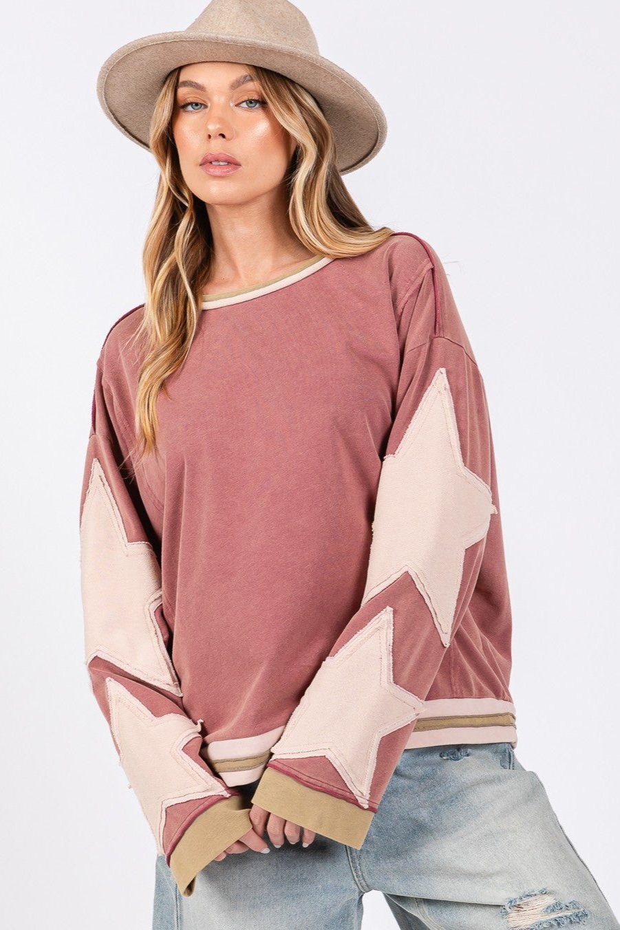 SAGE + FIG French Terry Star Applique Patch Sweatshirt In Pink