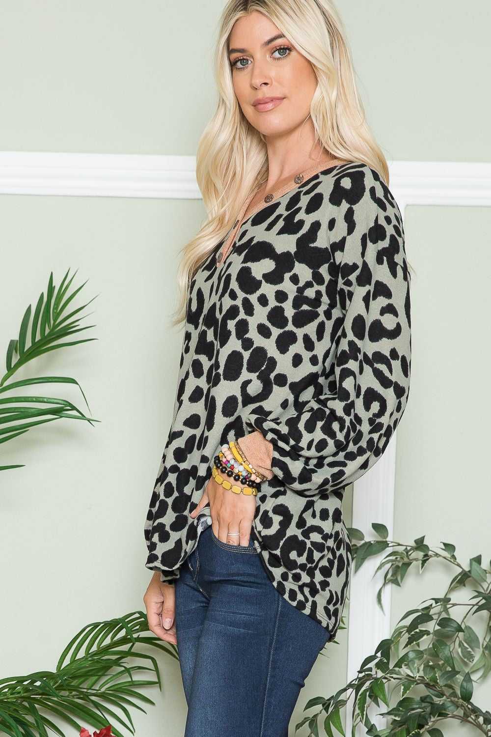 Leopard V-Neck Blouse In Olive