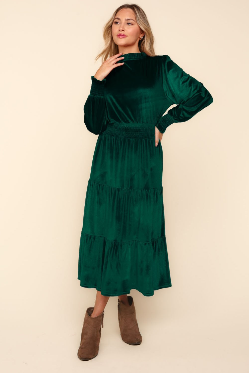 Haptics Mock Neck Smocked Waist Velvet Tiered Dress In Hunter Green