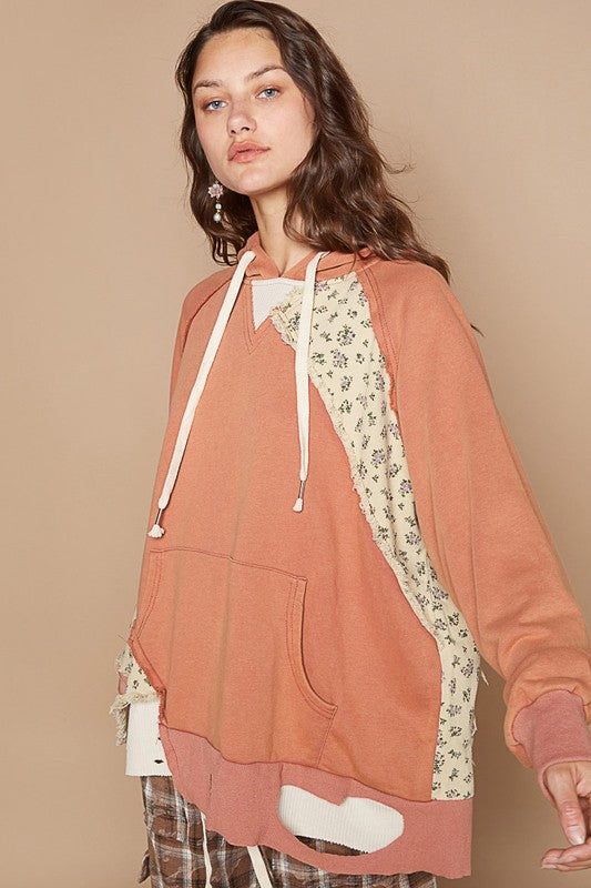 POL Floral Patchwork Distressed Hoodie In Ochre