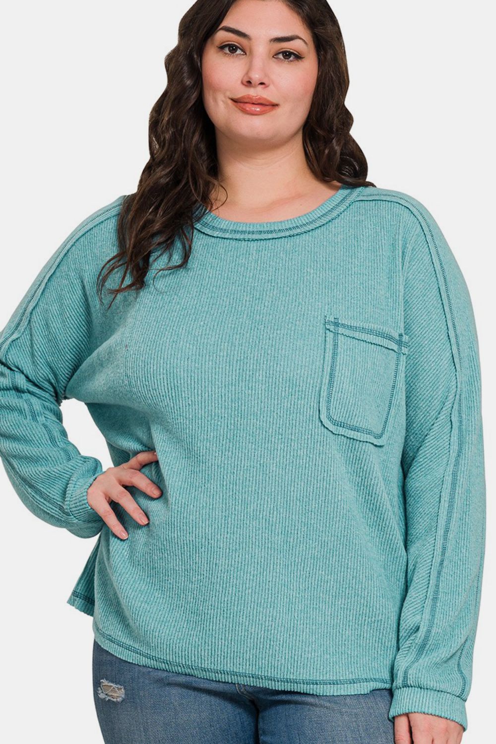 Zenana Brushed Ribbed Hacci Knit Top In Teal