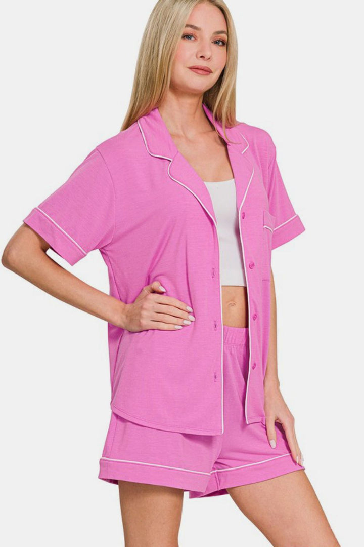 Zenana Button Down Top and Shorts Lounge Set In Bright Mauve