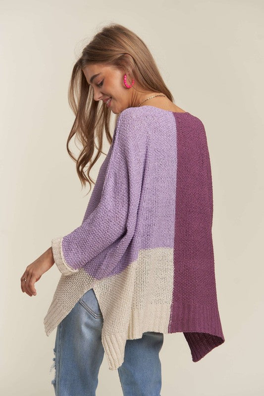 ADORA Side Slit Color Block Sweater In Deep Purple